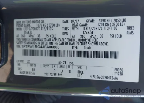 2018 Ford F-150 Raptor z USA, uszkodzony, nr VIN 1FTFW1RG4JFA06865